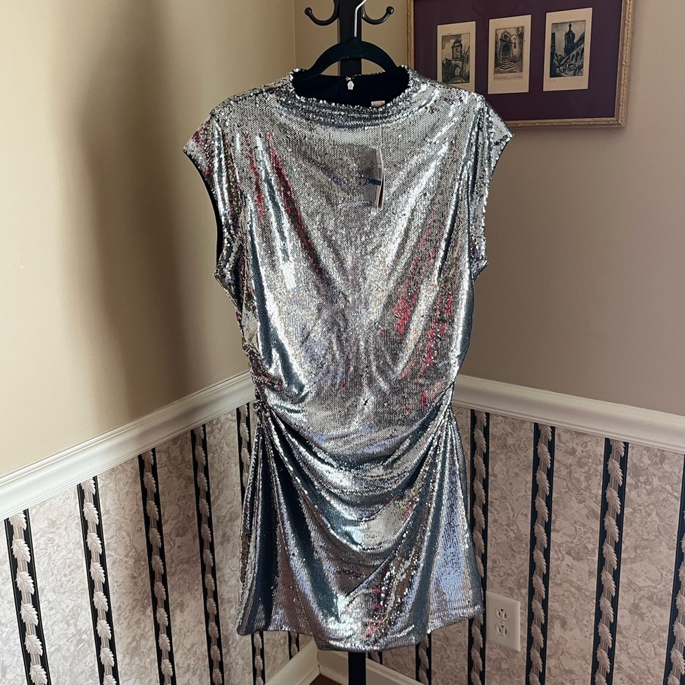NWT Michael Kors Sequined Funnel Neck Mini Dress Silver Sequin & Black XL - Picture 4 of 16
